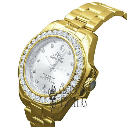 Stainless Steel Simulated Diamonds 18K Gold Finish Mens Presidential Watch 42mm