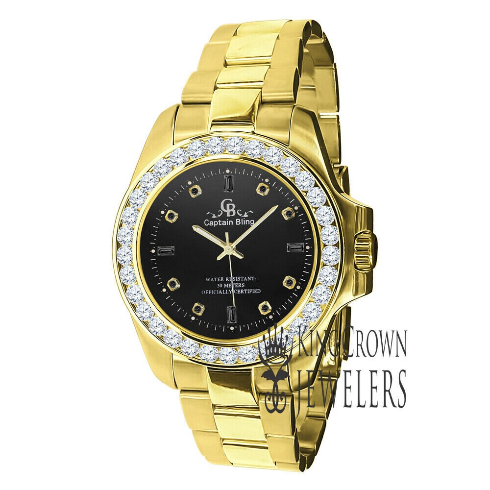 Black Onyx Dial All Stainless Steel Simulated Diamonds Gold Tone Mens Watch 42mm