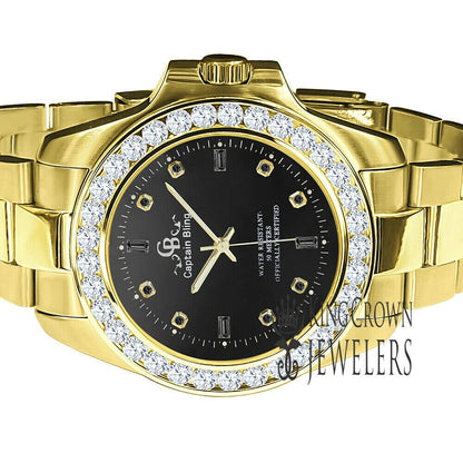 Black Onyx Dial All Stainless Steel Simulated Diamonds Gold Tone Mens Watch 42mm