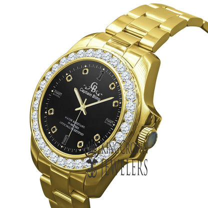 Black Onyx Dial All Stainless Steel Simulated Diamonds Gold Tone Mens Watch 42mm