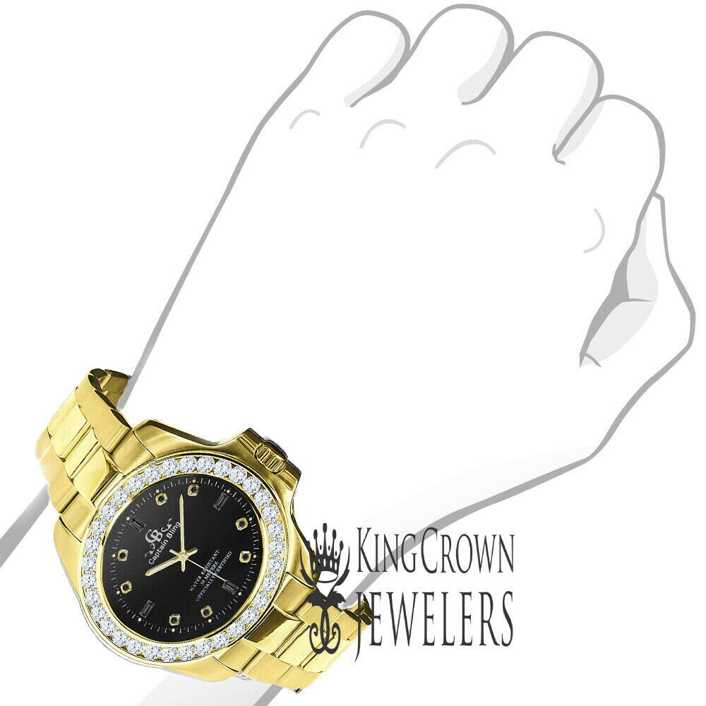 Black Onyx Dial All Stainless Steel Simulated Diamonds Gold Tone Mens Watch 42mm