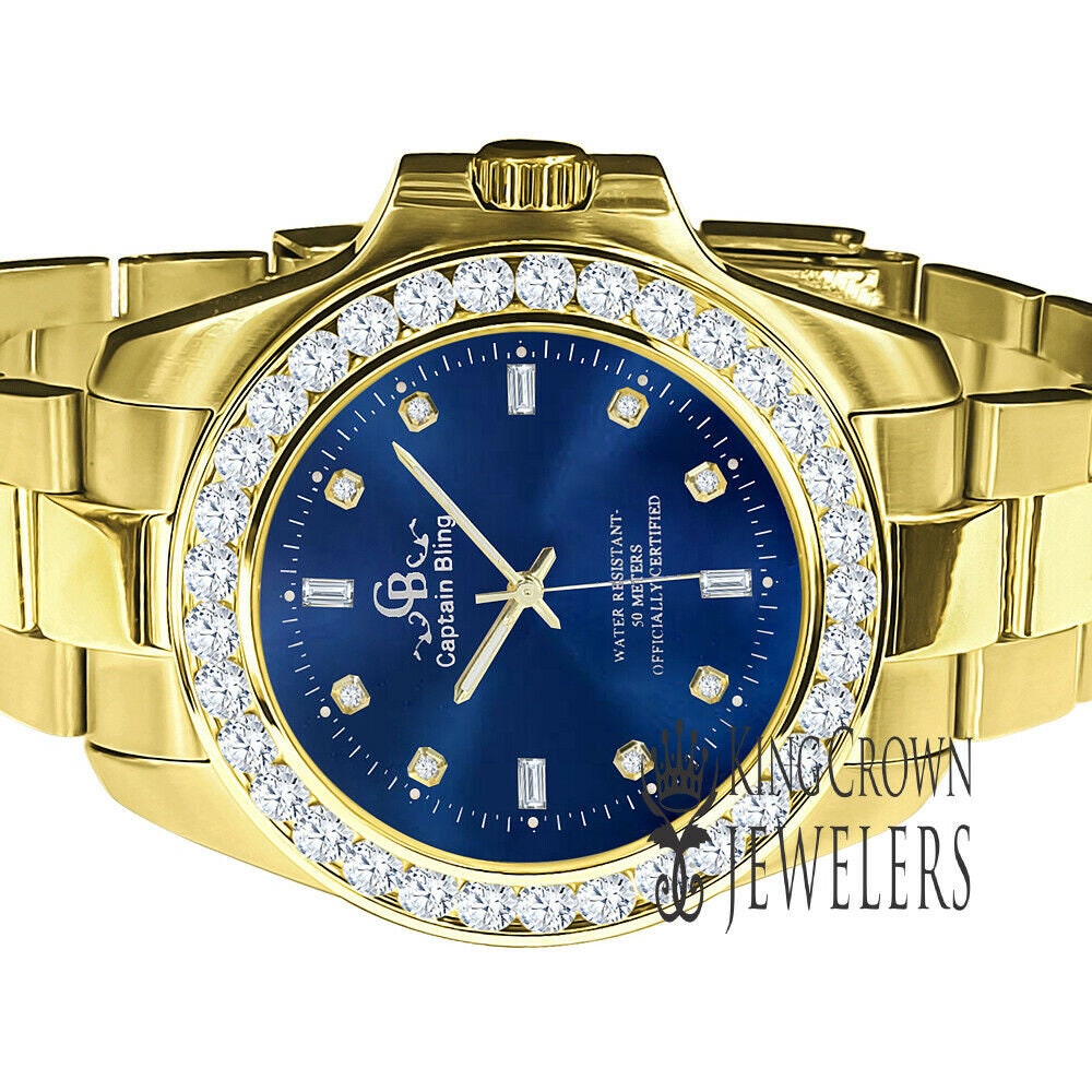 Blue Dial Stainless Steel Simulated Diamonds 18K Yellow Gold Finish Mens solitaire watch 42mm