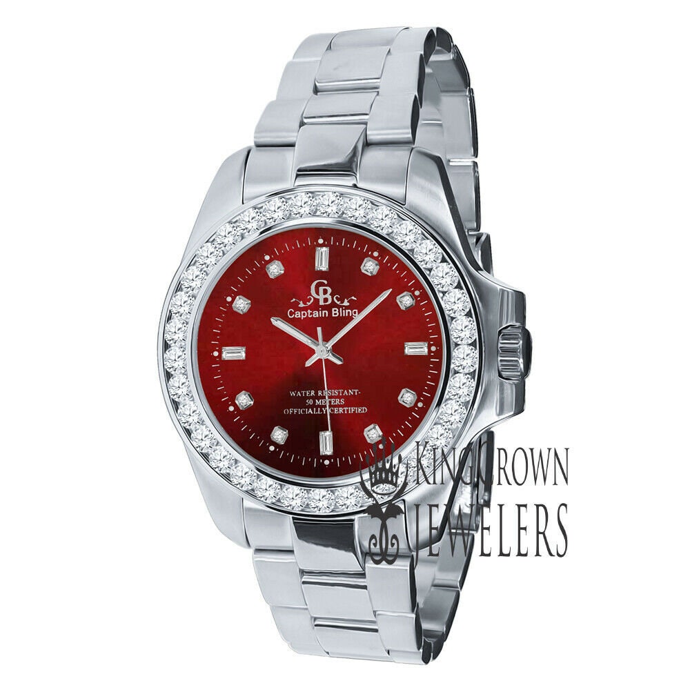 18K White Gold Solid Steel Simulated Diamond Red Dial Presidential solitaire Watch 42mm