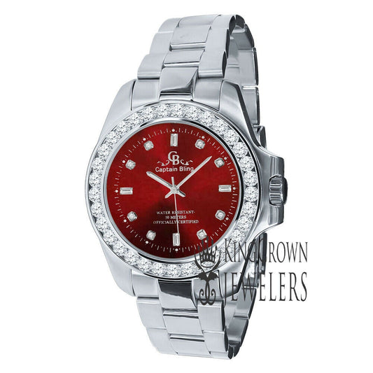 18K White Gold Solid Steel Simulated Diamond Red Dial Presidential solitaire Watch 42mm