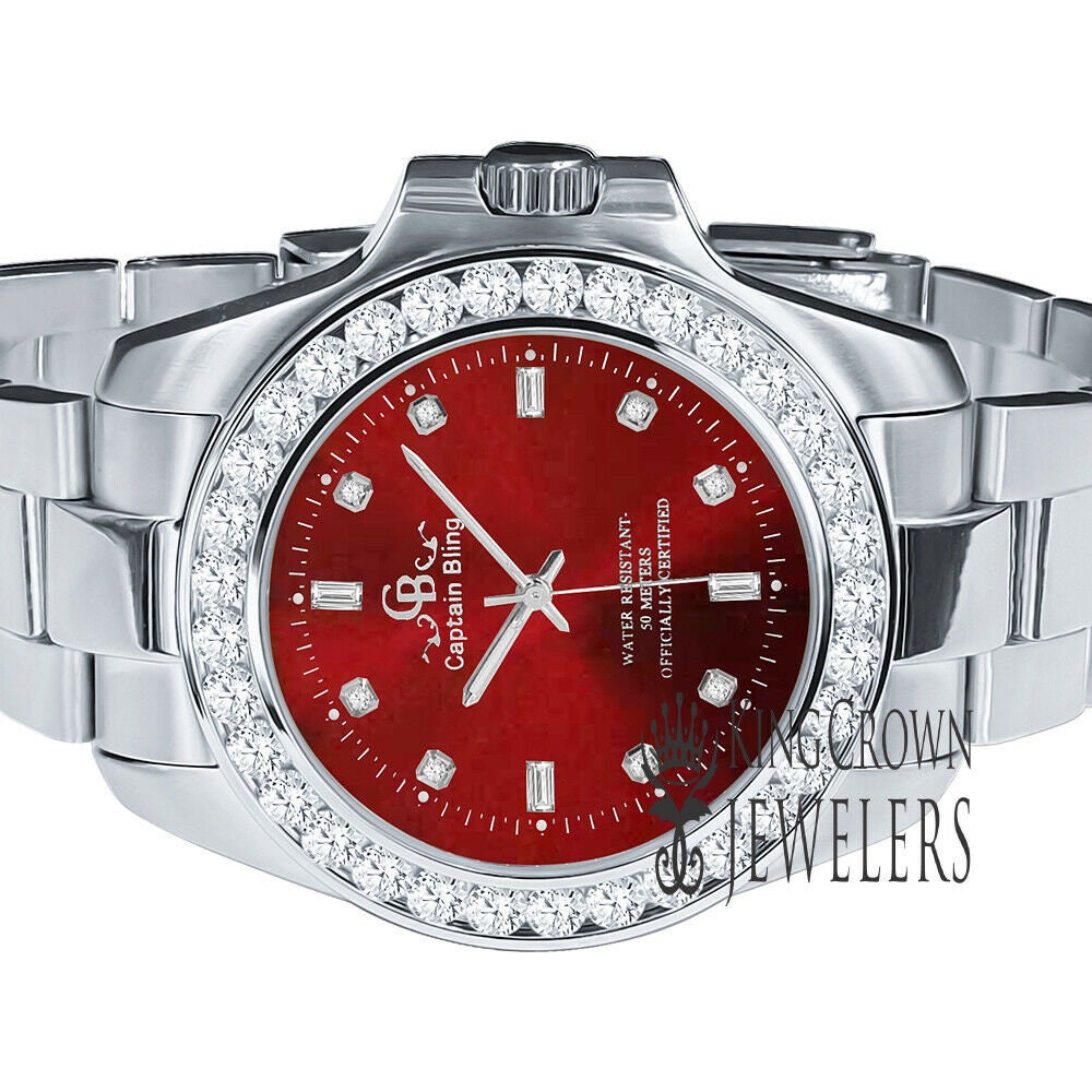18K White Gold Solid Steel Simulated Diamond Red Dial Presidential solitaire Watch 42mm