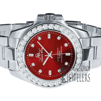 18K White Gold Solid Steel Simulated Diamond Red Dial Presidential solitaire Watch 42mm