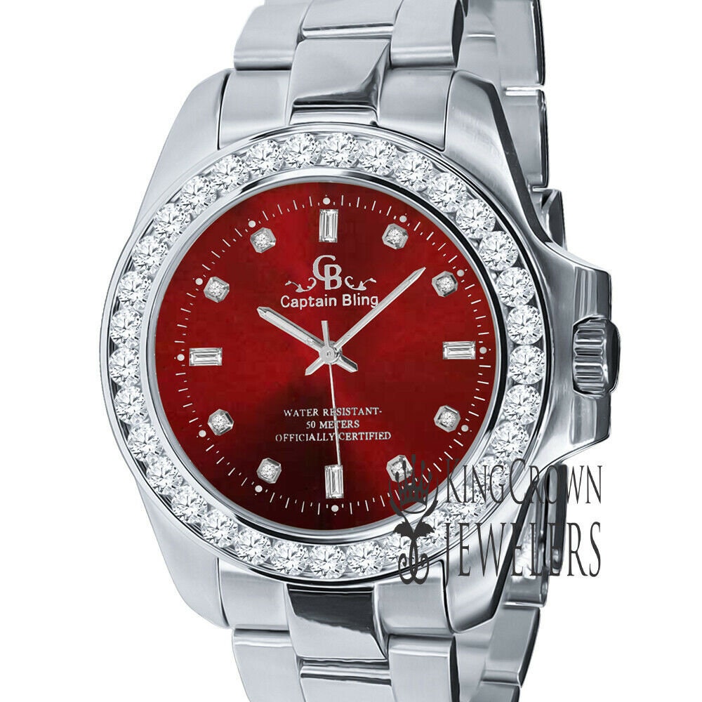 18K White Gold Solid Steel Simulated Diamond Red Dial Presidential solitaire Watch 42mm