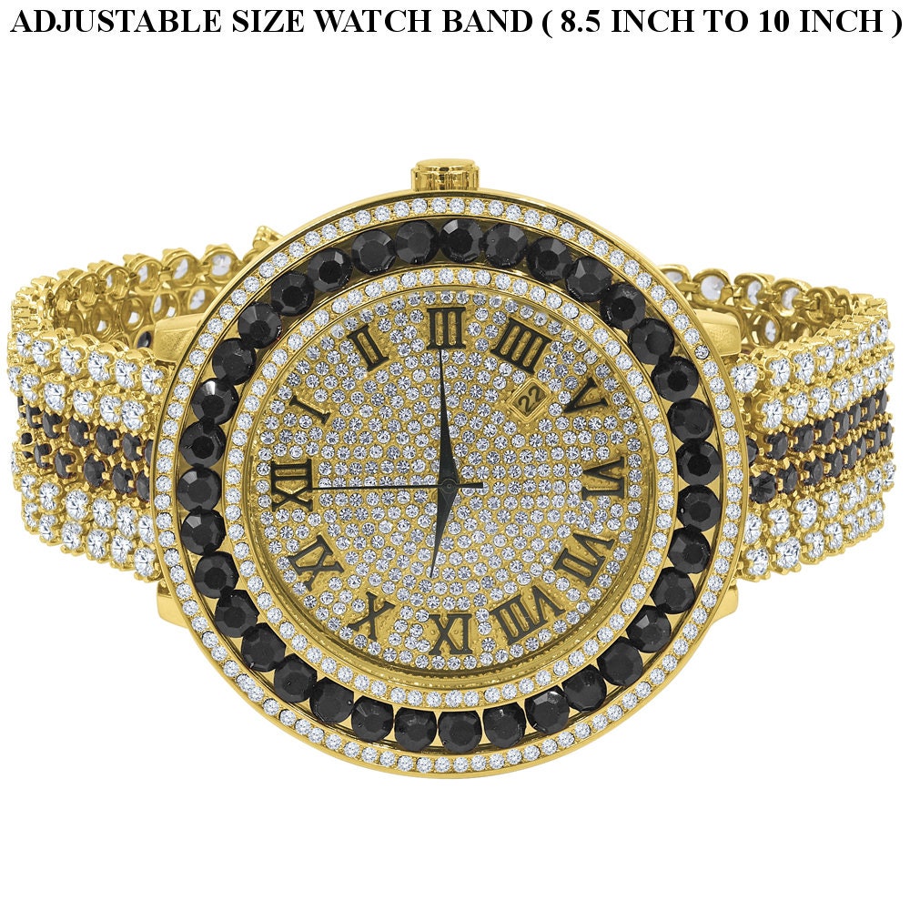 Roman Numeral Dial Big Face Black Onyx Simulated Diamond Gold Finish Mens Jo Rodeo Adjustable Size Band Custom Watch