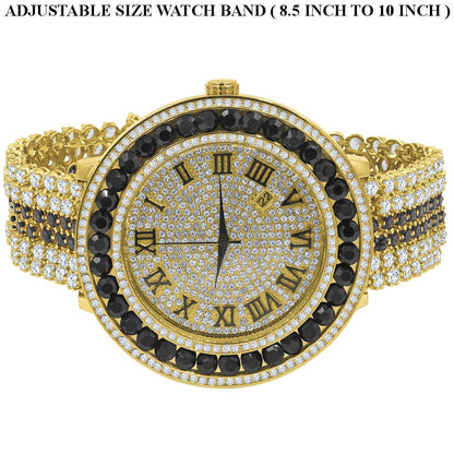 Roman Numeral Dial Big Face Black Onyx Simulated Diamond Gold Finish Mens Jo Rodeo Adjustable Size Band Custom Watch