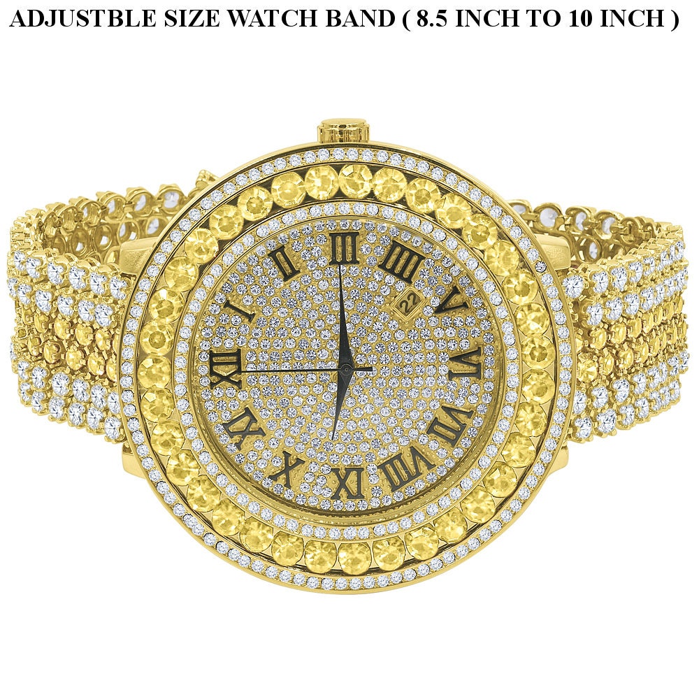 Gold Canary Roman Numeral Dial Big Face Black Onyx Simulated Diamond Mens Jo Rodeo Adjustable Size Band Custom Watch