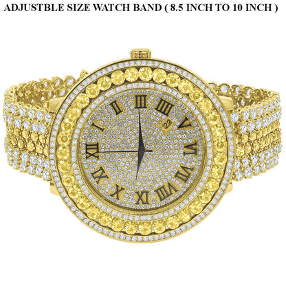 Gold Canary Roman Numeral Dial Big Face Black Onyx Simulated Diamond Mens Jo Rodeo Adjustable Size Band Custom Watch