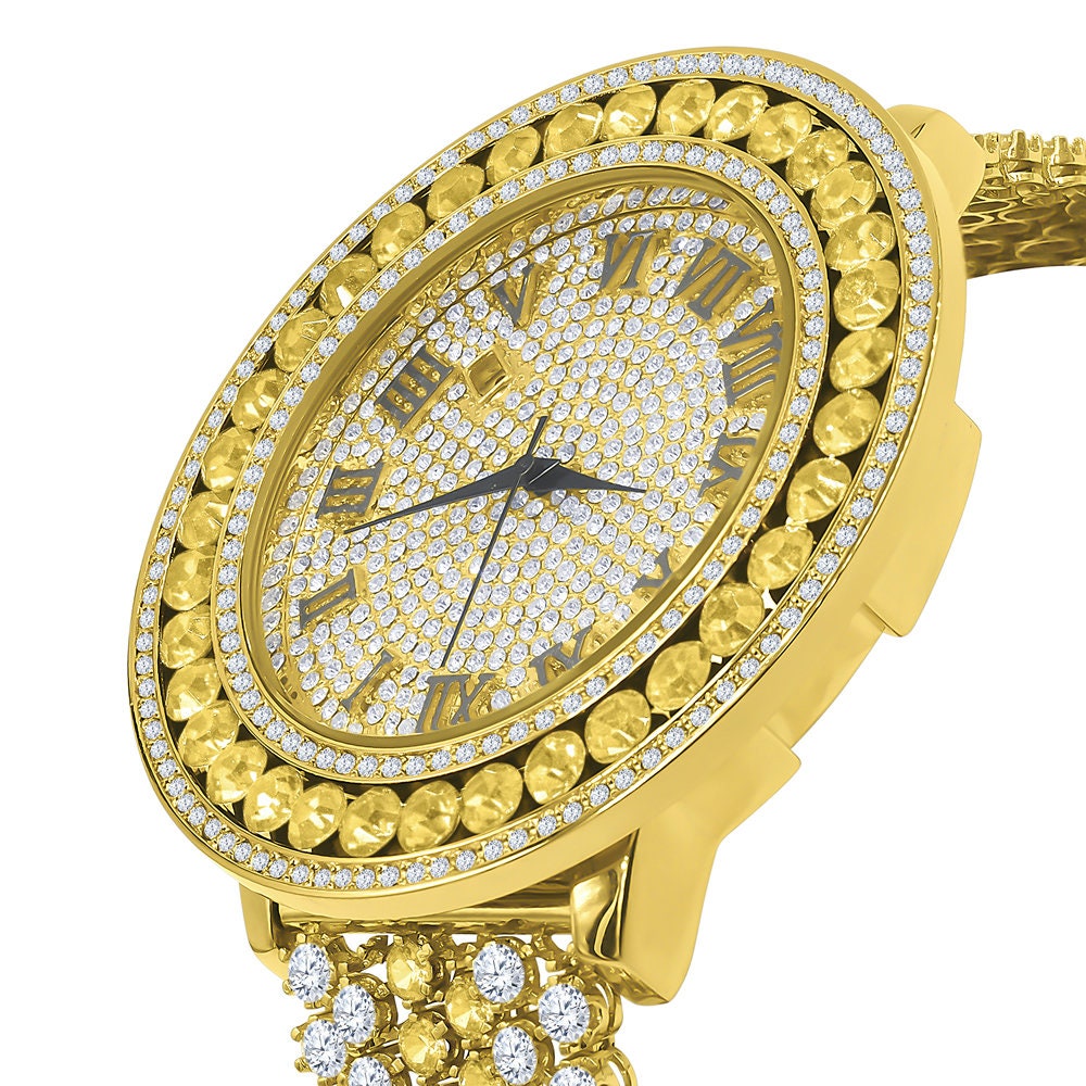 Gold Canary Roman Numeral Dial Big Face Black Onyx Simulated Diamond Mens Jo Rodeo Adjustable Size Band Custom Watch