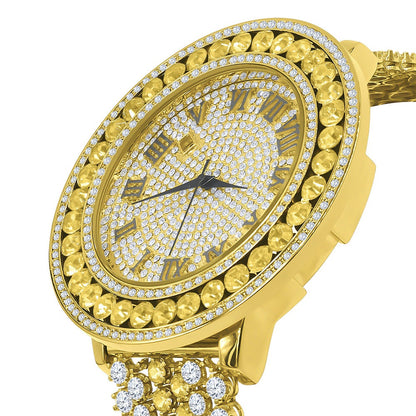 Gold Canary Roman Numeral Dial Big Face Black Onyx Simulated Diamond Mens Jo Rodeo Adjustable Size Band Custom Watch