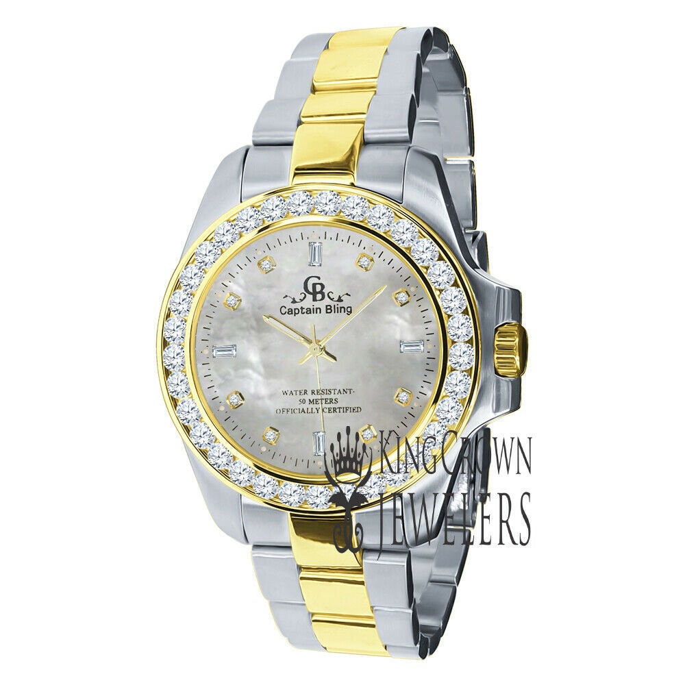 Mother Of Pearl Dial 2 Tone Solid Stainless Steel Simulated Diamonds 18K Gold Finish Solitaire watch