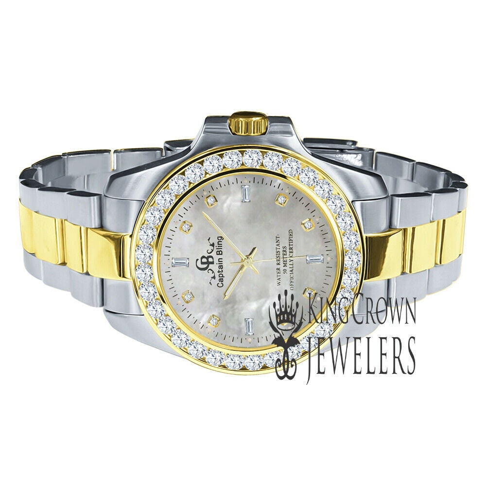 Mother Of Pearl Dial 2 Tone Solid Stainless Steel Simulated Diamonds 18K Gold Finish Solitaire watch