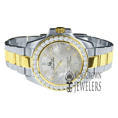 Mother Of Pearl Dial 2 Tone Solid Stainless Steel Simulated Diamonds 18K Gold Finish Solitaire watch