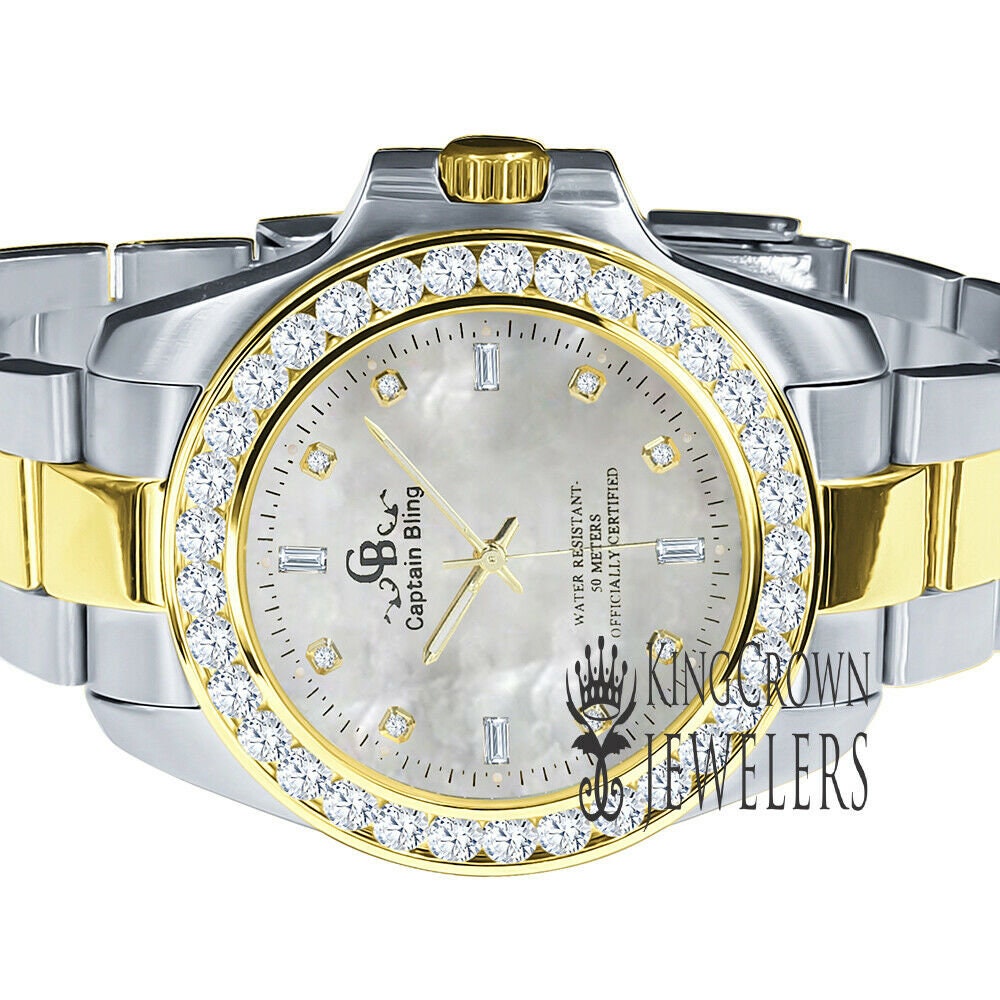 Mother Of Pearl Dial 2 Tone Solid Stainless Steel Simulated Diamonds 18K Gold Finish Solitaire watch