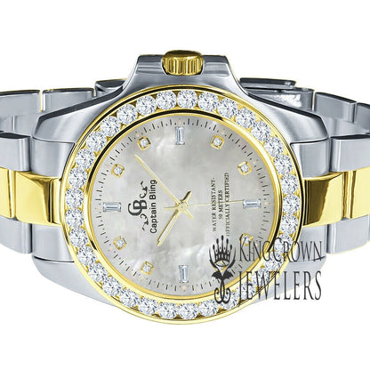 Mother Of Pearl Dial 2 Tone Solid Stainless Steel Simulated Diamonds 18K Gold Finish Solitaire watch