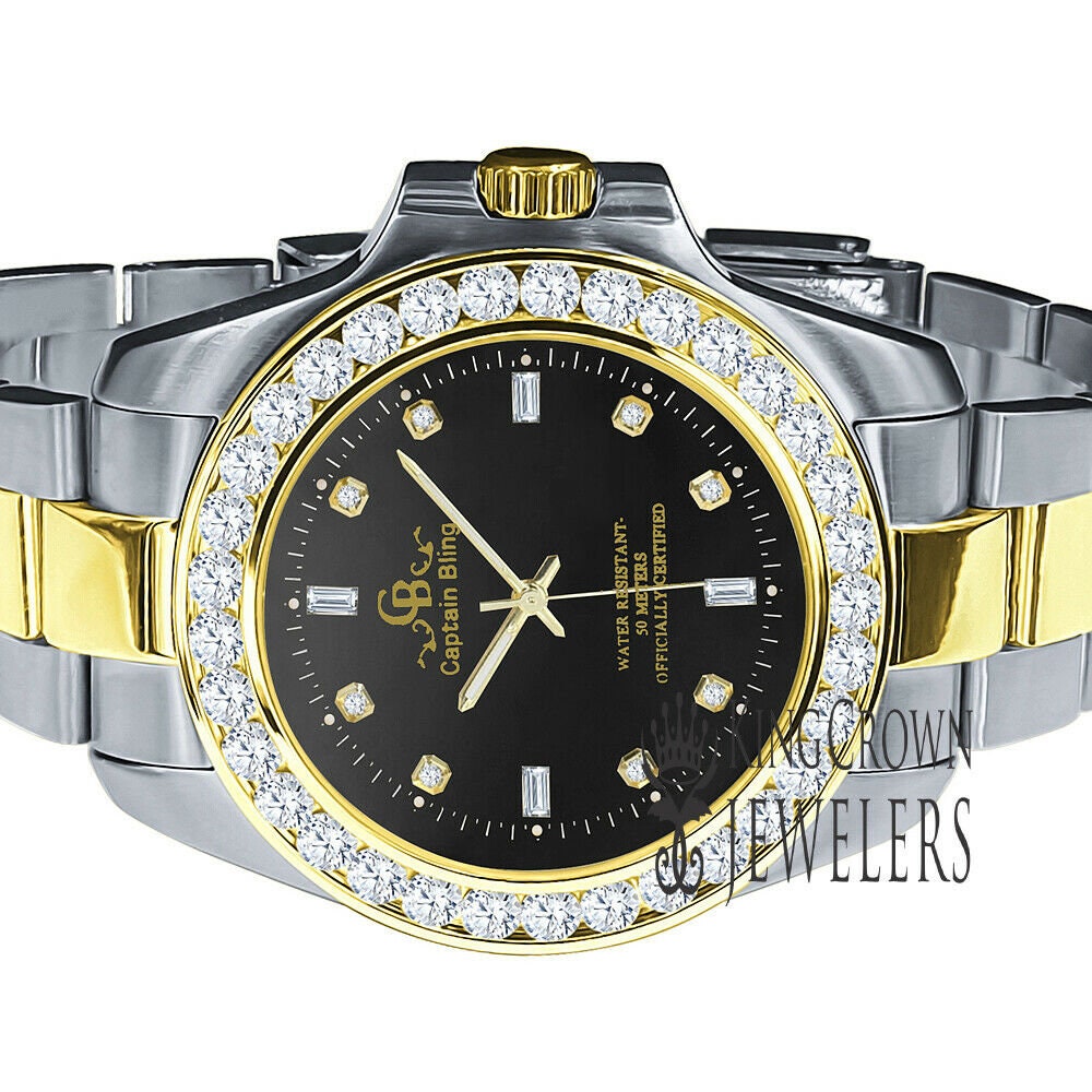 18K White Gold Solid Stainless Steel Simulated Diamond Black Dial Presidential Watch 42mm