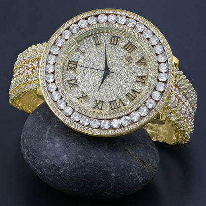 Big Bold Yellow Gold Tone Roman Numeral Dial Simulated Diamond Mens Jo Rodeo Adjustable Size Band Custom Watch
