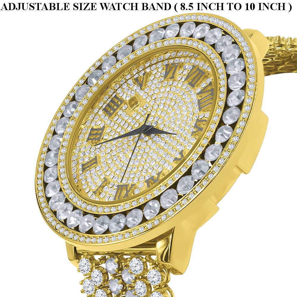 Big Bold Yellow Gold Tone Roman Numeral Dial Simulated Diamond Mens Jo Rodeo Adjustable Size Band Custom Watch
