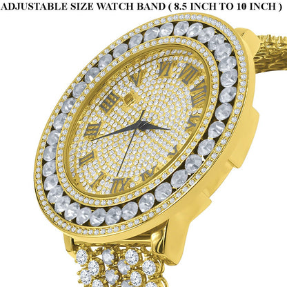 Big Bold Yellow Gold Tone Roman Numeral Dial Simulated Diamond Mens Jo Rodeo Adjustable Size Band Custom Watch