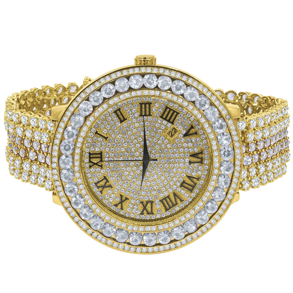 Big Bold Yellow Gold Tone Roman Numeral Dial Simulated Diamond Mens Jo Rodeo Adjustable Size Band Custom Watch