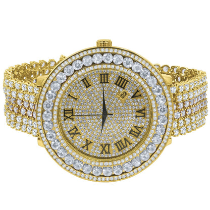 Big Bold Yellow Gold Tone Roman Numeral Dial Simulated Diamond Mens Jo Rodeo Adjustable Size Band Custom Watch