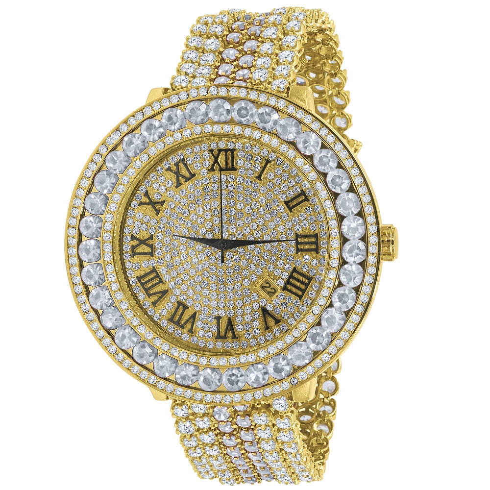 Big Bold Yellow Gold Tone Roman Numeral Dial Simulated Diamond Mens Jo Rodeo Adjustable Size Band Custom Watch
