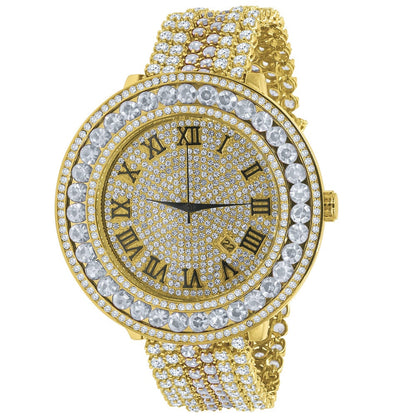 Big Bold Yellow Gold Tone Roman Numeral Dial Simulated Diamond Mens Jo Rodeo Adjustable Size Band Custom Watch