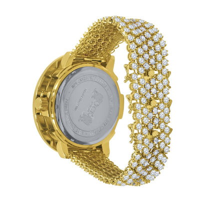 Big Bold Yellow Gold Tone Roman Numeral Dial Simulated Diamond Mens Jo Rodeo Adjustable Size Band Custom Watch
