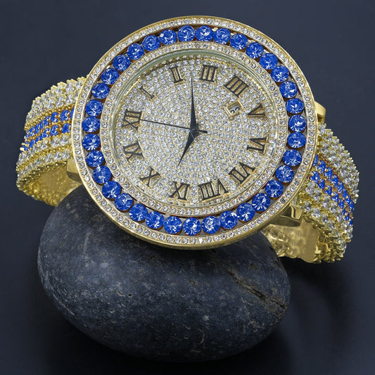 Roman Numeral Dial Simulated Diamond Blue Sapphire Gold Tone Mens Jo Rodeo Adjustable Size Band Custom Watch