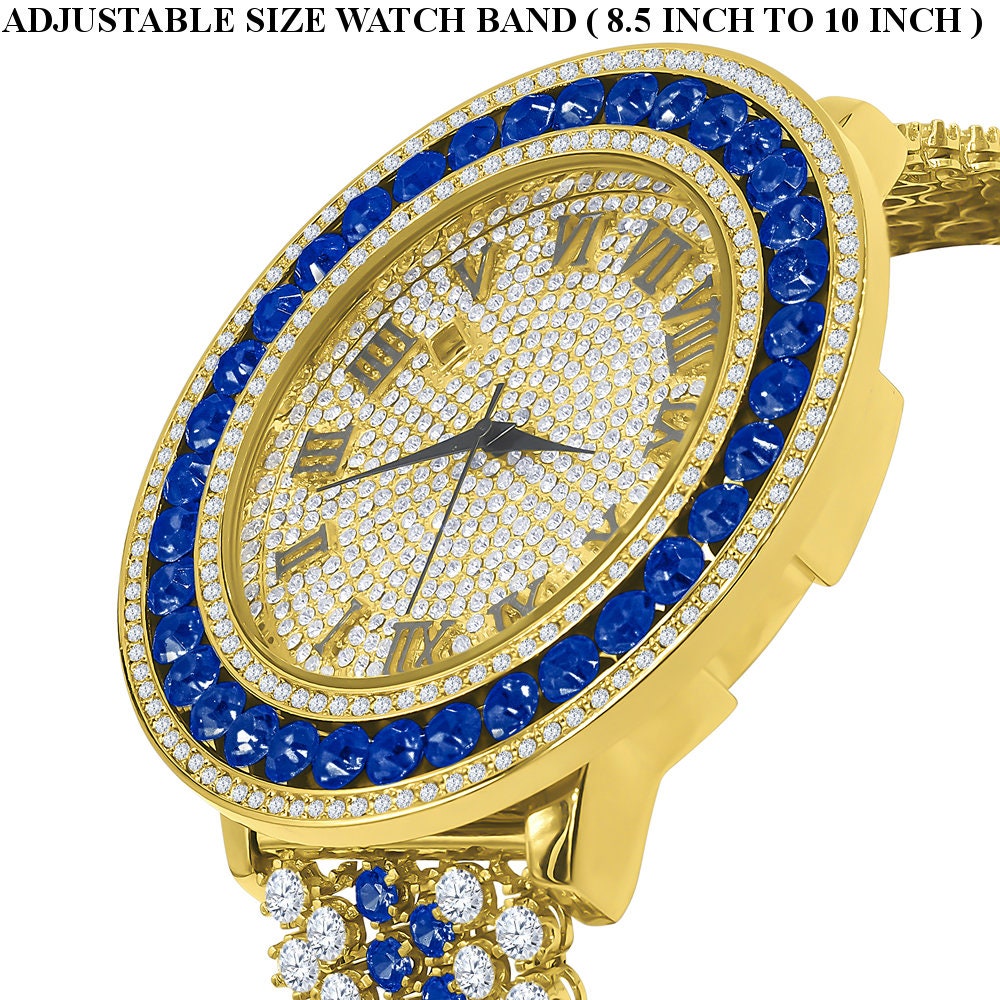 Roman Numeral Dial Simulated Diamond Blue Sapphire Gold Tone Mens Jo Rodeo Adjustable Size Band Custom Watch
