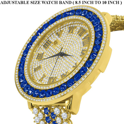 Roman Numeral Dial Simulated Diamond Blue Sapphire Gold Tone Mens Jo Rodeo Adjustable Size Band Custom Watch