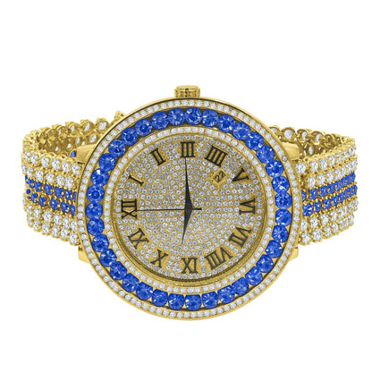 Roman Numeral Dial Simulated Diamond Blue Sapphire Gold Tone Mens Jo Rodeo Adjustable Size Band Custom Watch