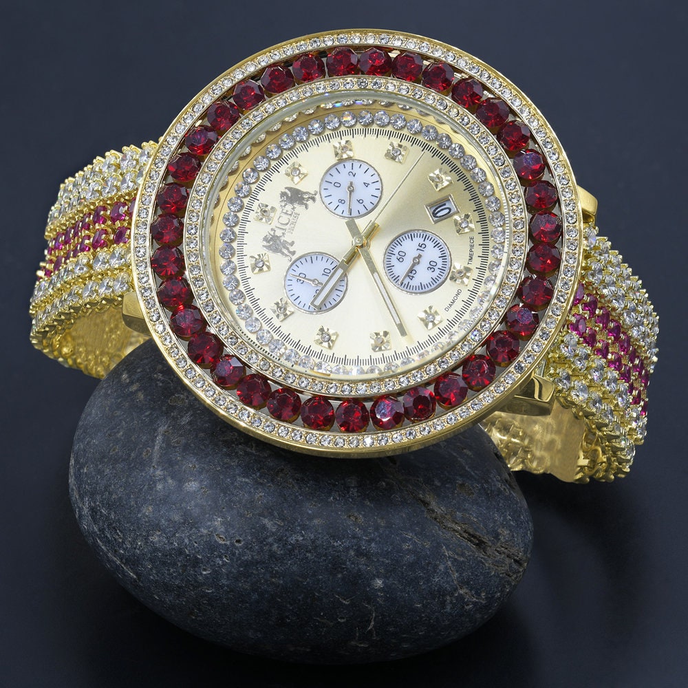 Mens Custom Luxury Watch Ruby Red Simulated Diamond 18K Yellow Gold Finish Adjustable Size Band