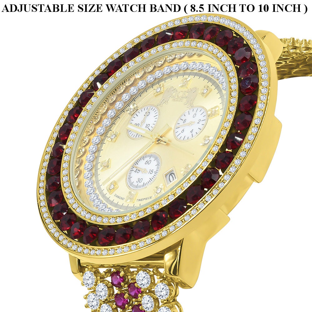 Mens Custom Luxury Watch Ruby Red Simulated Diamond 18K Yellow Gold Finish Adjustable Size Band