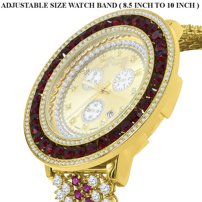 Mens Custom Luxury Watch Ruby Red Simulated Diamond 18K Yellow Gold Finish Adjustable Size Band