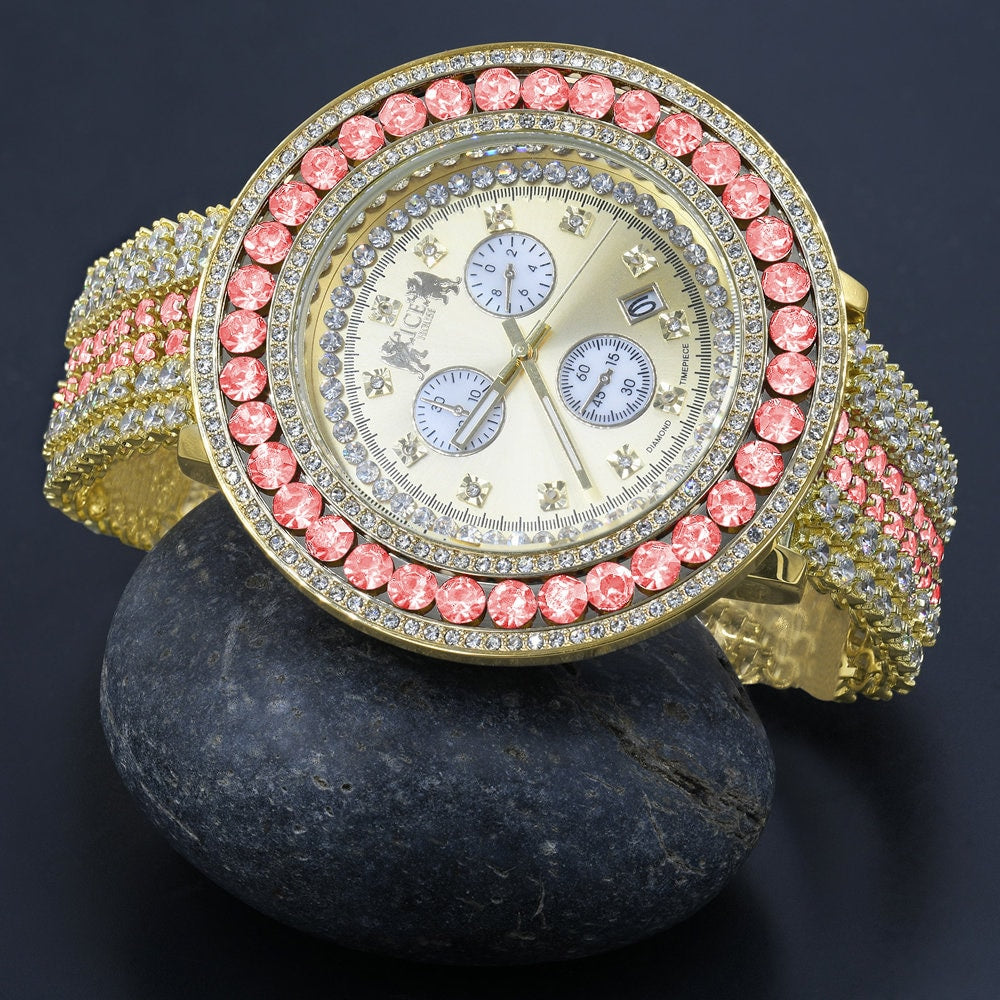 Adjustable Size Custom Band Pink Tourmaline  Big Face Simulated Diamond Gold Tone Jo Rodeo Watch