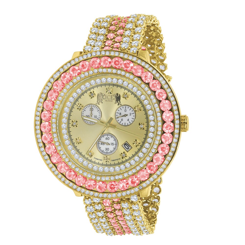 Adjustable Size Custom Band Pink Tourmaline  Big Face Simulated Diamond Gold Tone Jo Rodeo Watch