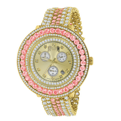 Adjustable Size Custom Band Pink Tourmaline  Big Face Simulated Diamond Gold Tone Jo Rodeo Watch