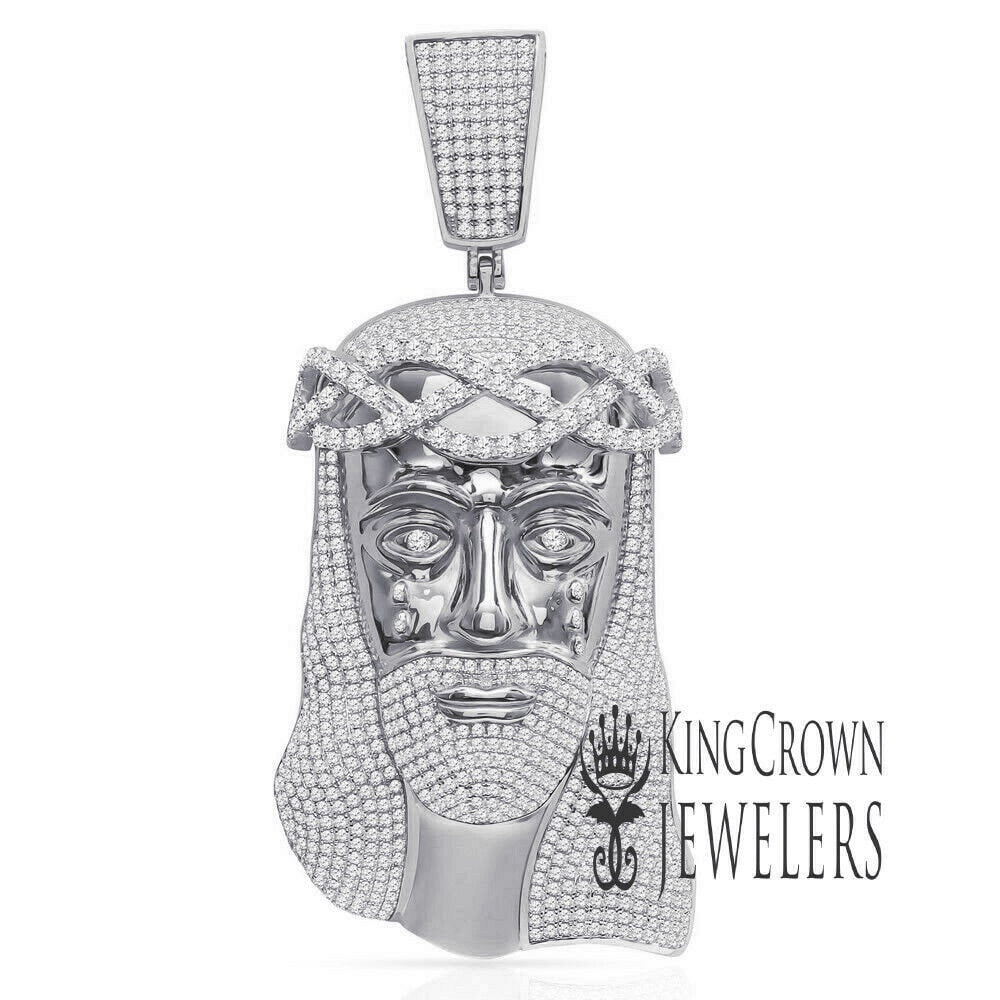Real Genuine Sterling Silver 100+ Grams Big Huge 4.25'' 14K Gold Over Custom Jesus Piece Face 9.00 Cwt. Simulated Diamond Pendant Charm