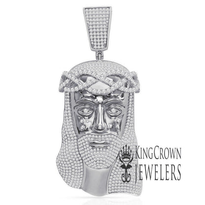 Real Genuine Sterling Silver 100+ Grams Big Huge 4.25'' 14K Gold Over Custom Jesus Piece Face 9.00 Cwt. Simulated Diamond Pendant Charm