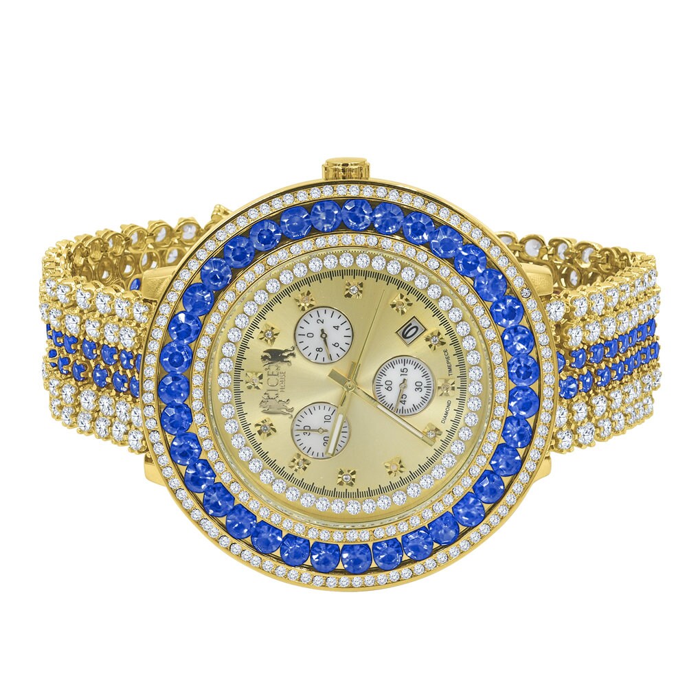 Fully Iced Out Simulated Diamond Blue Sapphire Gold Tone Mens Jo Rodeo Adjustable Size Band Custom Watch