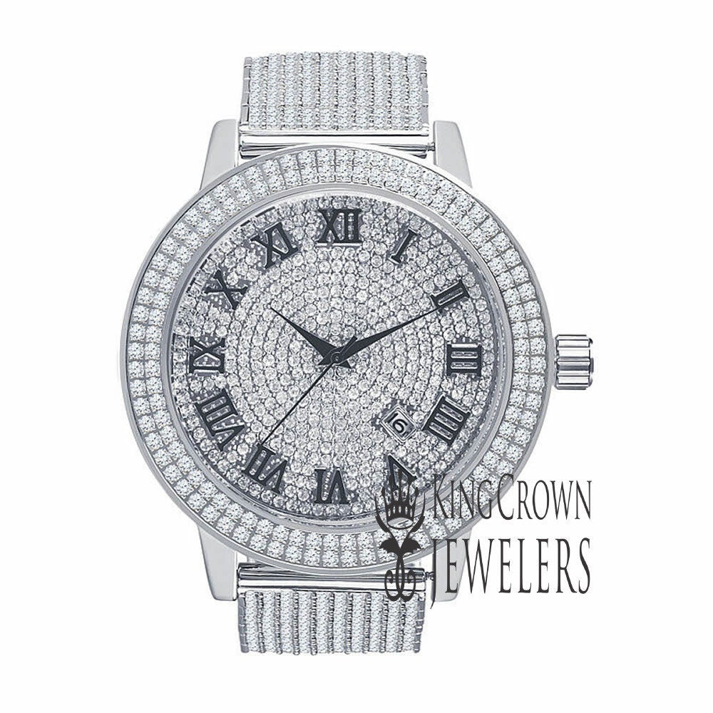 Roman Numeral Dail Mens Custom Watch JoJino/Joe Rodeo White Gold Tone Simulated Diamond 10 Row Iced Out Band