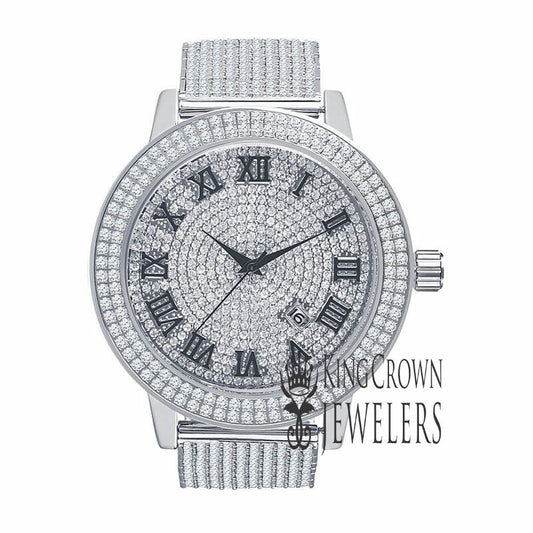 Roman Numeral Dail Mens Custom Watch JoJino/Joe Rodeo White Gold Tone Simulated Diamond 10 Row Iced Out Band