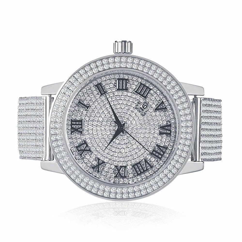 Roman Numeral Dail Mens Custom Watch JoJino/Joe Rodeo White Gold Tone Simulated Diamond 10 Row Iced Out Band