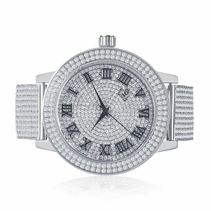 Roman Numeral Dail Mens Custom Watch JoJino/Joe Rodeo White Gold Tone Simulated Diamond 10 Row Iced Out Band