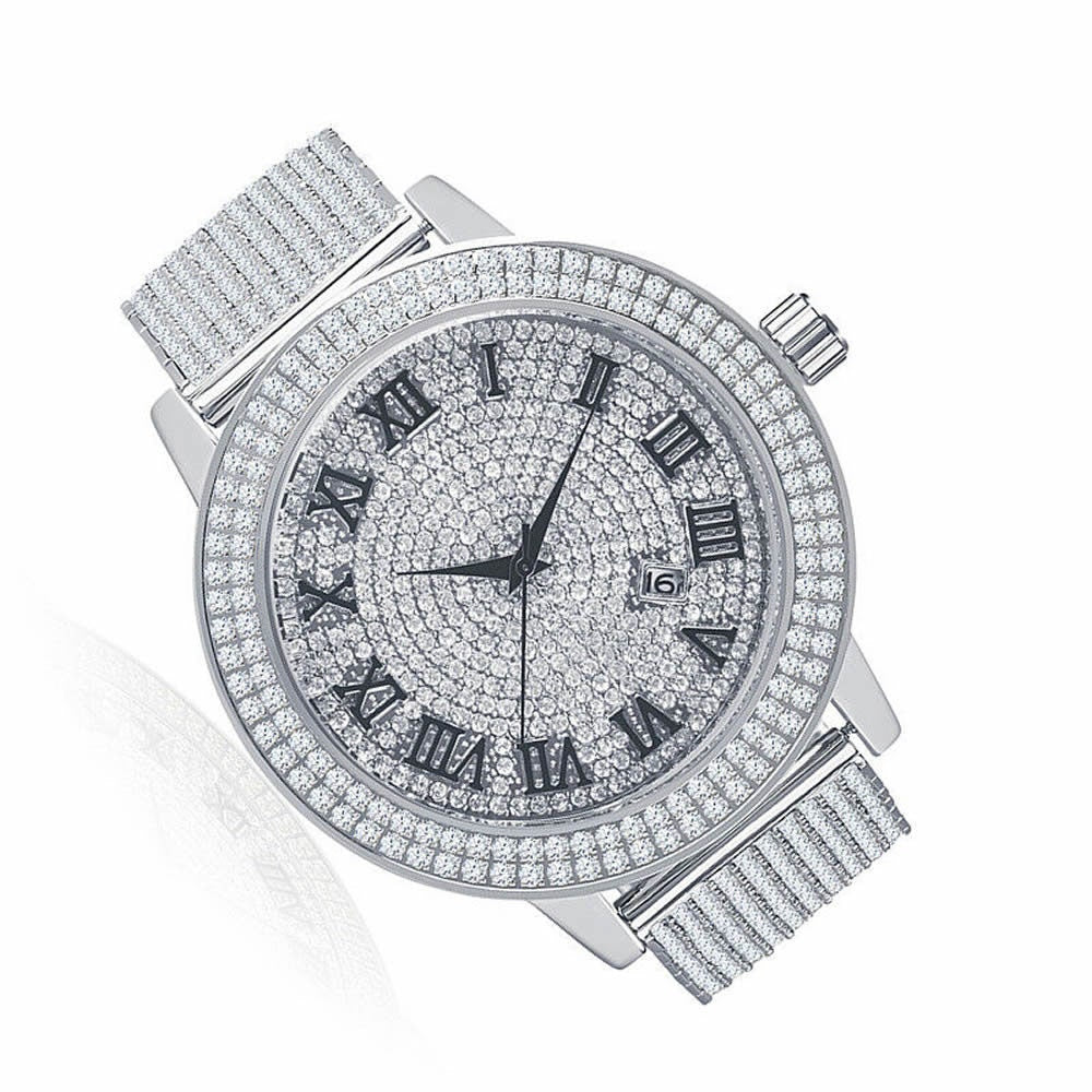Roman Numeral Dail Mens Custom Watch JoJino/Joe Rodeo White Gold Tone Simulated Diamond 10 Row Iced Out Band