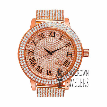 Roman Numeral Dail Mens Custom Watch JoJino/Joe Rodeo Rose Gold Tone Simulated Diamond 10 Row Iced Out Band